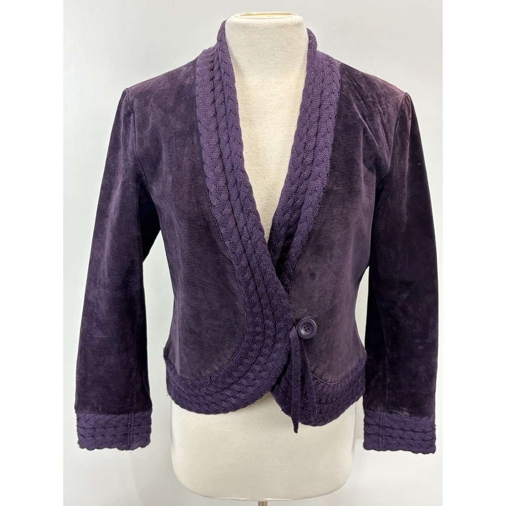 Coldwater Creek Suede Cable Knit Jacket Sz Mp Petite Purple Single Button Lined